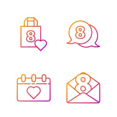 Zarfı 8 Mart 'la, takvimi 8 Mart' la, alışveriş torbasını kalple ve 8 Mart 'ı konuşma balonuyla ayarla. Renk simgeleri. Vektör