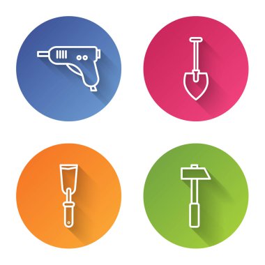 Elektrikli tutkal tabancası, kürek, macun bıçağı ve çekiç ayarlayın. Renkli daire düğmesi. Vektör