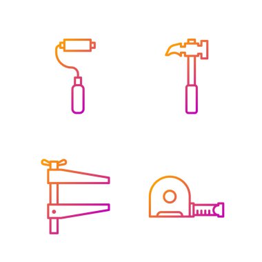 Çizgi Rulet inşaatı, kıskaç aleti, boya fırçası ve pençe çekici. Renk simgeleri. Vektör