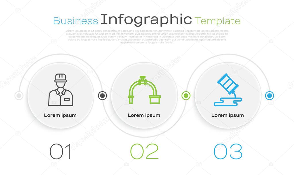 Set line Oilman, Industry pipe and valve and Barrel oil leak. Business infographic template. Vector