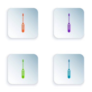 Renkli tornavida simgesi beyaz arkaplanda izole edildi. Servis aracı sembolü. Kare düğmelere renkli simgeleri yerleştir. Vektör İllüstrasyonu