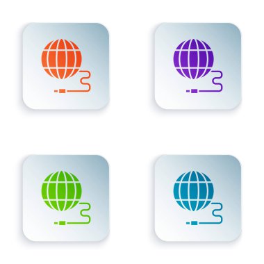 Renk Küresel teknolojisi veya sosyal ağ simgesi beyaz arkaplanda izole edildi. Kare düğmelere renkli simgeleri yerleştir. Vektör İllüstrasyonu