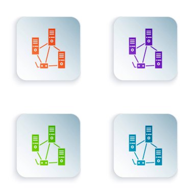 Renkli Bilgisayar ağı simgesi beyaz arkaplanda izole edildi. Laptop ağı. İnternet bağlantısı. Kare düğmelere renkli simgeleri yerleştir. Vektör İllüstrasyonu