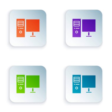 Renkli Bilgisayar monitörü simgesi beyaz arkaplanda izole edildi. Bilgisayar bileşeni işareti. Kare düğmelere renkli simgeleri yerleştir. Vektör İllüstrasyonu