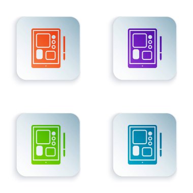 Beyaz arkaplanda izole edilmiş renkli grafik tableti simgesi. Kare düğmelere renkli simgeleri yerleştir. Vektör İllüstrasyonu