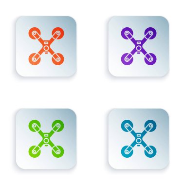 Renkli Drone uçan ikonu beyaz arkaplanda izole edildi. Video ve fotoğraf makinesi sembollü dörtlü helikopter. Kare düğmelere renkli simgeleri yerleştir. Vektör İllüstrasyonu