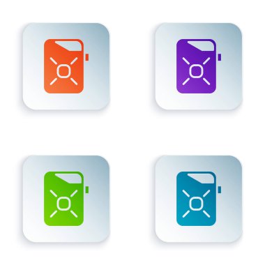 Beyaz arka planda izole edilmiş motor makine yağı simgesi için renk kutusu. Benzin bidonu. Yağ değiştirme ve onarım servisi. Motor yağı işareti. Kare düğmelere renkli simgeleri yerleştir. Vektör İllüstrasyonu