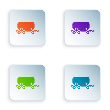 Renk yağı sarnıç simgesi beyaz arkaplanda izole edildi. Tren vagonundaki petrol tankı. Demiryolu nakliyesi. Petrol endüstrisi. Kare düğmelere renkli simgeleri yerleştir. Vektör İllüstrasyonu