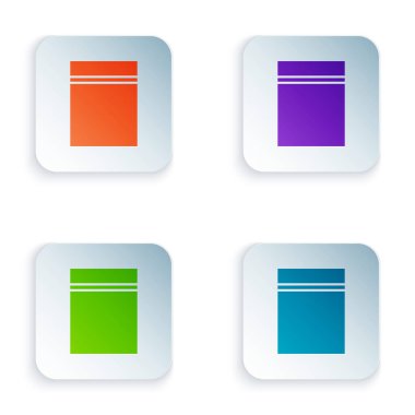 Beyaz arkaplanda ziplock simgesi olan renkli plastik torba. Kare düğmelere renkli simgeleri yerleştir. Vektör İllüstrasyonu