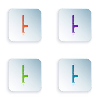 Renkli Polis kauçuk çubuk simgesi beyaz arkaplanda izole edildi. Kauçuk copu. Polis yarasası. Polis ekipmanları. Kare düğmelere renkli simgeleri yerleştir. Vektör İllüstrasyonu