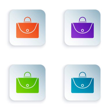 Beyaz arkaplanda izole edilmiş renkli evrak çantası simgesi. İş ilanı. İş portföyü. Kare düğmelere renkli simgeleri yerleştir. Vektör İllüstrasyonu