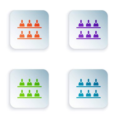 Beyaz arkaplanda izole edilmiş renkli jüri simgesi. Kare düğmelere renkli simgeleri yerleştir. Vektör İllüstrasyonu