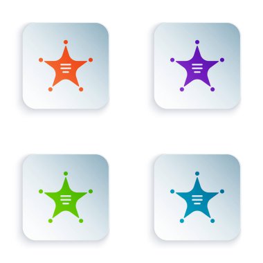 Renkli Hexagram Şerif ikonu beyaz arka planda izole edildi. Polis rozeti ikonu. Kare düğmelere renkli simgeleri yerleştir. Vektör İllüstrasyonu