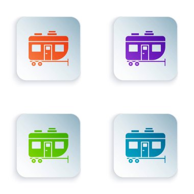 Renkli Rv Kamp karavanı simgesi beyaz arkaplanda izole edildi. Gezici ev, karavan, yolculuk için ev karavanı. Kare düğmelere renkli simgeleri yerleştir. Vektör İllüstrasyonu