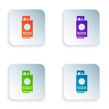 Beyaz arka planda bilet simgesi olan renkli pasaport. Kimlik Belgesi. Konsept seyahat ve turizm. Kare düğmelere renkli simgeleri yerleştir. Vektör İllüstrasyonu