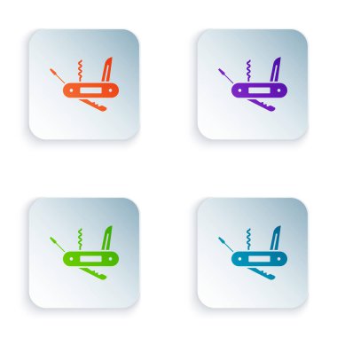 Beyaz arka planda izole edilmiş renkli İsviçre ordu bıçağı ikonu. Çoklu alet, çok amaçlı çakı. Çok fonksiyonlu bir alet. Kare düğmelere renkli simgeleri yerleştir. Vektör İllüstrasyonu