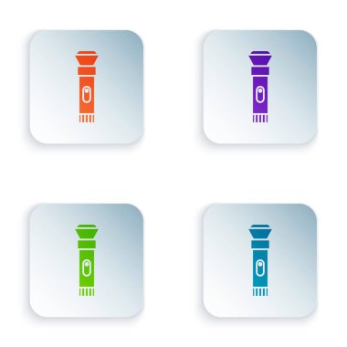 Beyaz arkaplanda renk feneri simgesi izole edildi. Kare düğmelere renkli simgeleri yerleştir. Vektör İllüstrasyonu