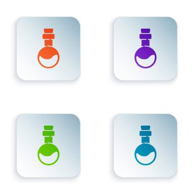 Beyaz arkaplanda izole edilmiş aşk iksiri ikonu olan renk şişesi. Sevgililer Günü sembolü. Kare düğmelere renkli simgeleri yerleştir. Vektör İllüstrasyonu