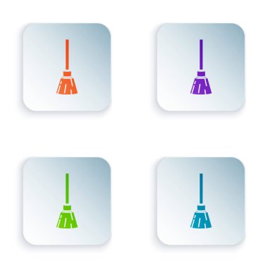 Beyaz arkaplanda Renkli Cadılar süpürge simgesi izole edildi. Mutlu Cadılar Bayramı Partisi. Kare düğmelere renkli simgeleri yerleştir. Vektör İllüstrasyonu