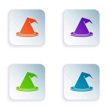 Beyaz arkaplanda izole edilmiş renkli cadı şapkası simgesi. Mutlu Cadılar Bayramı Partisi. Kare düğmelere renkli simgeleri yerleştir. Vektör İllüstrasyonu