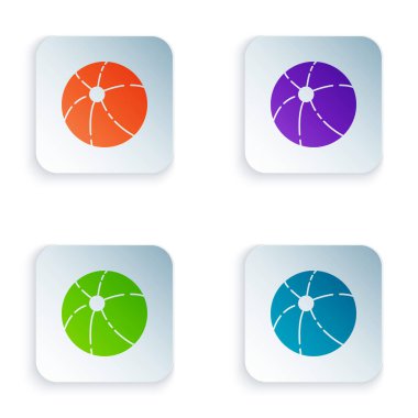 Beyaz arkaplanda izole edilmiş renkli plaj topu simgesi. Kare düğmelere renkli simgeleri yerleştir. Vektör İllüstrasyonu