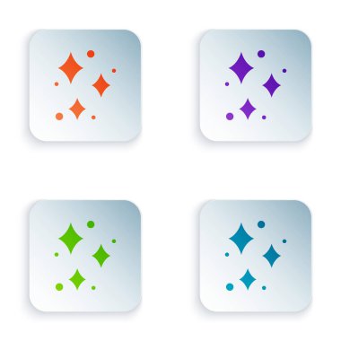 Beyaz arkaplanda izole edilmiş sihirli parçacık simgesine sahip renkli parıldayan yıldızlar. Sihirli noel süsü. Kare düğmelere renkli simgeleri yerleştir. Vektör İllüstrasyonu