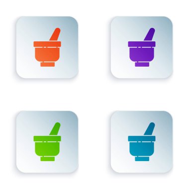 Beyaz arkaplanda izole edilmiş renkli Sihirli havan ve tokmak simgesi. Kare düğmelere renkli simgeleri yerleştir. Vektör İllüstrasyonu