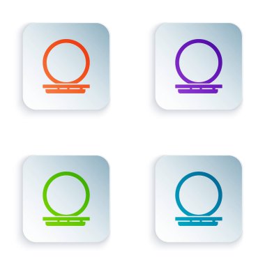 Beyaz zemin üzerinde ayna simgesi olan renk makyaj tozu. 8 Mart. Uluslararası Mutlu Kadınlar Günü. Kare düğmelere renkli simgeleri yerleştir. Vektör İllüstrasyonu