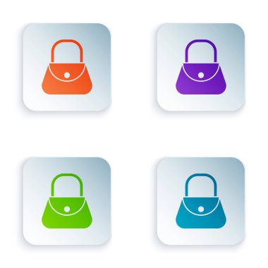 Beyaz arkaplanda izole edilmiş renkli el çantası simgesi. Kadın el çantası işareti. Glamour günlük bagaj sembolü. Kare düğmelere renkli simgeleri yerleştir. Vektör İllüstrasyonu