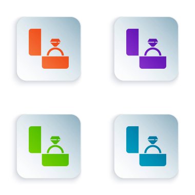 Renkli Elmas nişan yüzüğü simgesi beyaz arkaplanda izole edilmiş. Kare düğmelere renkli simgeleri yerleştir. Vektör İllüstrasyonu