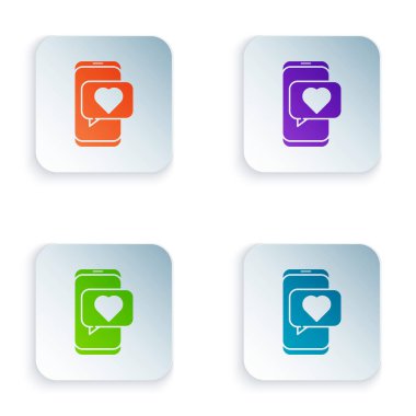 Renkli Online randevu uygulaması ve sohbet simgesi beyaz arkaplanda izole edildi. Uluslararası Mutlu Kadınlar Günü. Kare düğmelere renkli simgeleri yerleştir. Vektör İllüstrasyonu