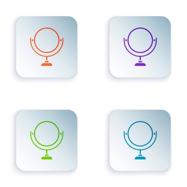 Beyaz arkaplanda izole edilmiş renkli yuvarlak makyaj aynası ikonu. 8 Mart. Uluslararası Mutlu Kadınlar Günü. Kare düğmelere renkli simgeleri yerleştir. Vektör İllüstrasyonu