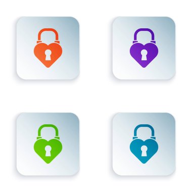 Renkli Kale, beyaz arka planda izole edilmiş kalp simgesi şeklinde. Aşk sembolü ve anahtar deliği işareti. 8 Mart. Mutlu Kadın Günleri. Kare düğmelere renkli simgeleri yerleştir. Vektör İllüstrasyonu