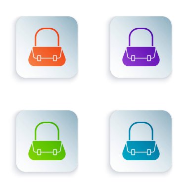 Beyaz arkaplanda izole edilmiş renkli el çantası simgesi. Kadın el çantası işareti. Glamour günlük bagaj sembolü. Kare düğmelere renkli simgeleri yerleştir. Vektör İllüstrasyonu