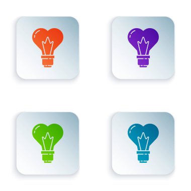 Beyaz arkaplanda izole edilmiş bir ampul ikonunda renk kalp şekli. Aşk sembolü. 8 Mart. Uluslararası Mutlu Kadınlar Günü. Kare düğmelere renkli simgeleri yerleştir. Vektör İllüstrasyonu