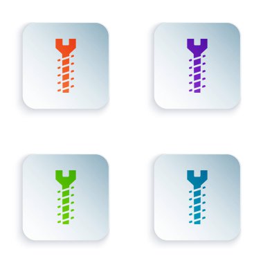 Beyaz arkaplanda izole edilmiş renkli metal vida simgesi. Kare düğmelere renkli simgeleri yerleştir. Vektör İllüstrasyonu