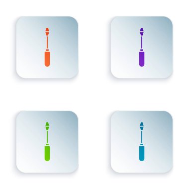 Renkli tornavida simgesi beyaz arkaplanda izole edildi. Servis aracı sembolü. Kare düğmelere renkli simgeleri yerleştir. Vektör İllüstrasyonu