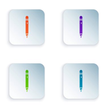 Beyaz arkaplanda silgi simgesine sahip renkli kalem. Çizim ve eğitim araçları. Okul sembolü. Kare düğmelere renkli simgeleri yerleştir. Vektör İllüstrasyonu