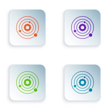 Beyaz arkaplanda izole edilmiş renkli güneş sistemi simgesi. Gezegenler yıldızın etrafında dönerler. Kare düğmelere renkli simgeleri yerleştir. Vektör İllüstrasyonu