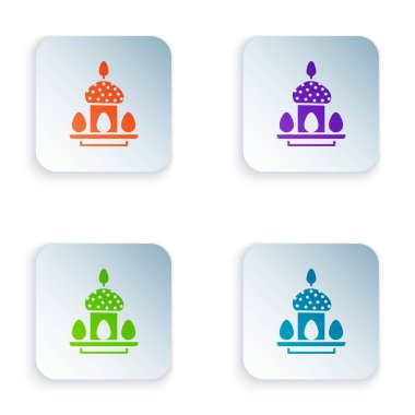 Beyaz arka planda renkli Paskalya pastası ve yumurta ikonu. Mutlu Paskalyalar. Kare düğmelere renkli simgeleri yerleştir. Vektör İllüstrasyonu