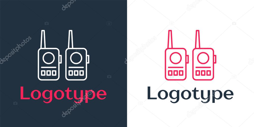 Logotype line Walkie talkie icon isolated on white background. Portable radio transmitter icon. Radio transceiver sign. Logo design template element. Vector Illustration