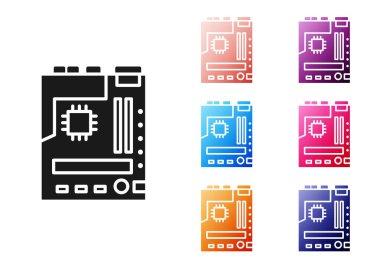 Siyah Elektronik bilgisayar bileşenleri anakart dijital çip entegre bilim ikonu beyaz zemin üzerinde izole. Devre kartı. Simgeleri renklendirin. Vektör İllüstrasyonu