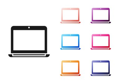 Beyaz arkaplanda siyah dizüstü bilgisayar simgesi izole edildi. Boş ekran işaretli bilgisayar defteri. Simgeleri renklendirin. Vektör İllüstrasyonu