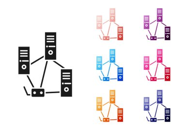 Siyah Bilgisayar ağ simgesi beyaz arkaplanda izole edildi. Laptop ağı. İnternet bağlantısı. Simgeleri renklendirin. Vektör İllüstrasyonu