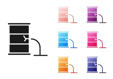 Siyah Fıçı yağ sızıntısı simgesi beyaz arka planda izole edildi. Simgeleri renklendirin. Vektör İllüstrasyonu