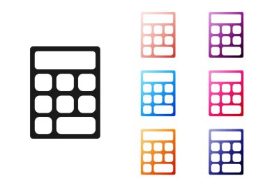 Siyah Hesap Makinesi simgesi beyaz arkaplanda izole edildi. Muhasebe sembolü. İş hesaplamaları matematik eğitimi ve finans. Simgeleri renklendirin. Vektör İllüstrasyonu
