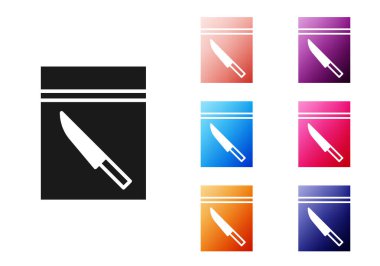 Siyah kanıt torbası ve beyaz arka planda izole edilmiş bıçak ikonu. Simgeleri renklendirin. Vektör İllüstrasyonu