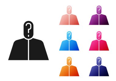 Beyaz arka planda soru işareti simgesi olan siyah isimsiz bir adam izole edildi. Bilinmeyen kullanıcı, gizli kimlik profili, iş gizliliği, bilinmezlik. Simgeleri renklendirin. Vektör İllüstrasyonu