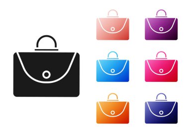 Beyaz arkaplanda siyah evrak çantası simgesi izole edildi. İş ilanı. İş portföyü. Simgeleri renklendirin. Vektör İllüstrasyonu