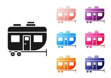 Siyah Rv Kamp karavanı simgesi beyaz arkaplanda izole edildi. Gezici ev, karavan, yolculuk için ev karavanı. Simgeleri renklendirin. Vektör İllüstrasyonu